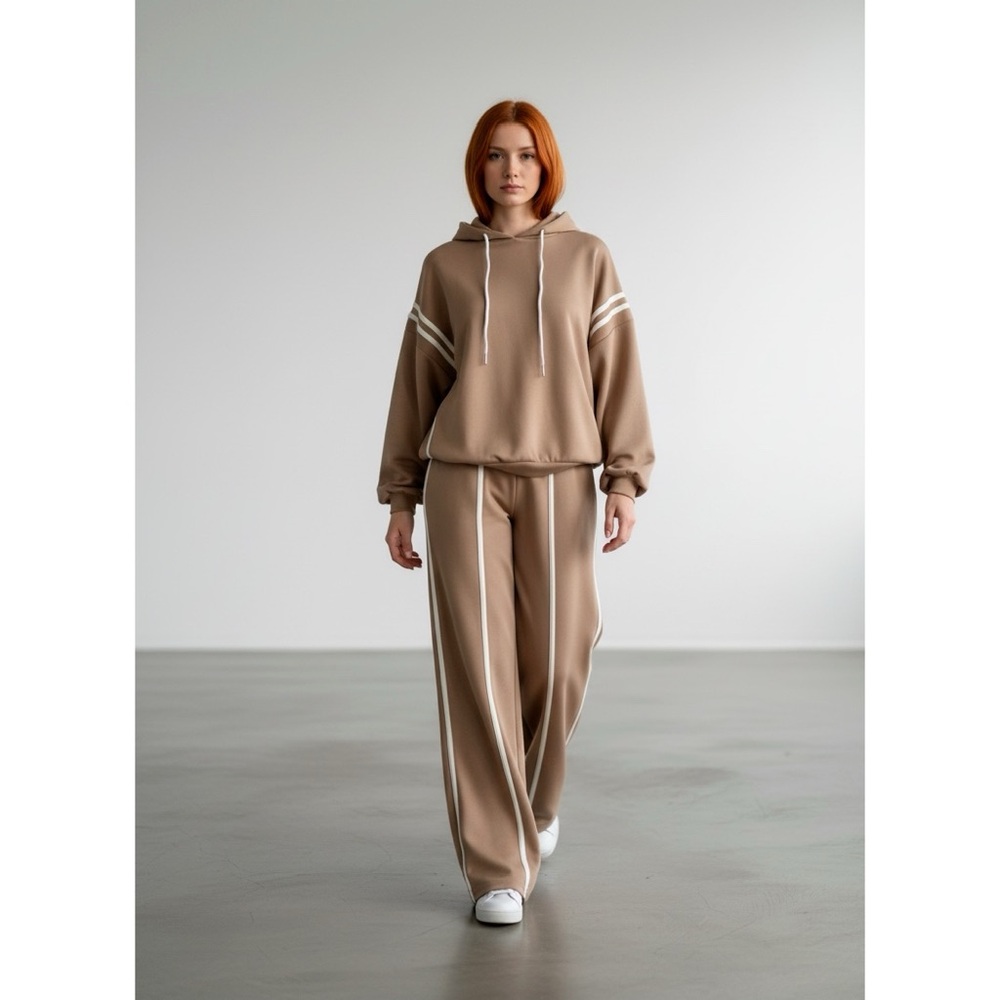 1218 • Taupe White Stripe Scuba Wide Leg Hooded Tracksuit